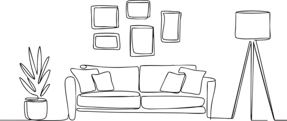 Minimalist continuous line art drawing of a cozy modern living room interior with furniture and decorative elements