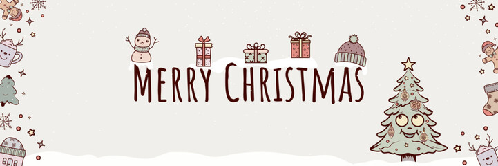 Horizontal Merry Christmas banner featuring a funny animated Christmas tree with a face, a snowman, gifts, and cute winter doodles. Festive hand drawn holiday header design.