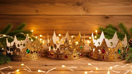 Three decorative crowns with jewels on wooden background with lights, D&iacute;a de los Reyes Magos  