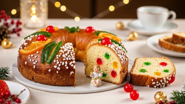 Top view of Spanish Rosca de Reyes with baby Jesus figurine, festive table for Three Kings Day