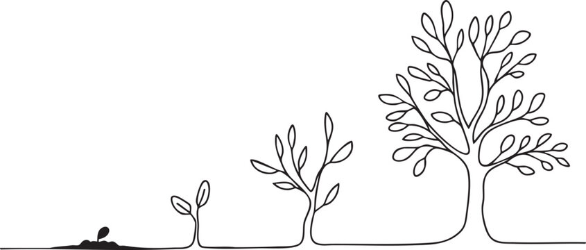 Minimalist continuous line art illustration depicting the various growth stages of a plant from a tiny seedling to a majestic mature tree