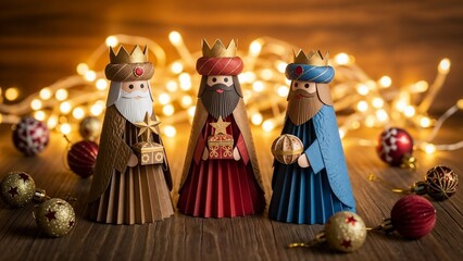Decorative paper figurines of three kings with festive background  