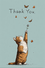 Playful orange-and-white cat reaching for a flower with butterflies and thank you text on light blue background