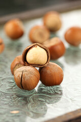Fresh Hazelnuts with Shells and Kernels on Glass Surface - Natural Nuts Display