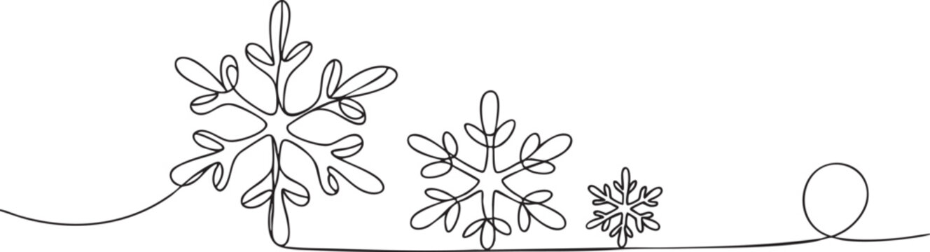 Minimalist oneline art drawing of three varying sized snowflakes creating an elegant winter design