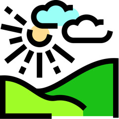 Sunny weather forecast showing hills and clouds