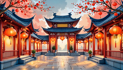 Festive Chinese temple adorned with lanterns, New Year celebration, watercolor style