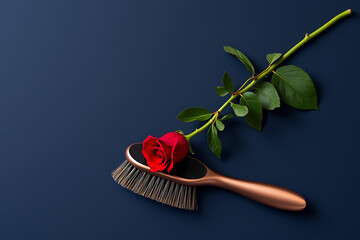 Single red rose resting on a vintage hairbrush against a dark blue background