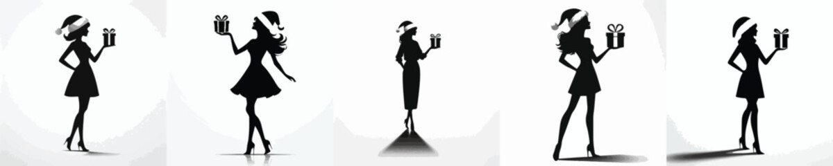vector silhouette full body of a woman stand carrying a Christmas gift