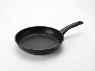 Modern matte black nonstick frying pan with an ergonomic black plastic handle isolated on a white background