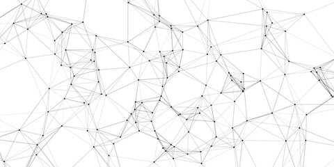Intricate black and white network of connected nodes and lines forming a complex geometric structure on a clean white background, representing data and technology