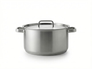 Shiny stainless steel cooking pot with sturdy side handles and a metal lid isolated against a pure white studio background