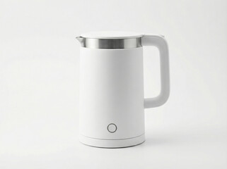 Sleek modern matte white electric water kettle with a minimalist handle and button control isolated on a white background