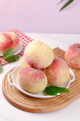 Fresh Yangshan Peaches in White Bowl on Wooden Tray - Organic Summer Fruit Display