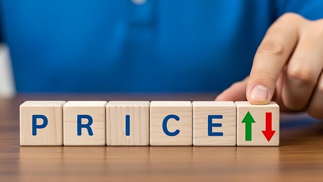 Price increase or decrease concept with wooden blocks and arrows