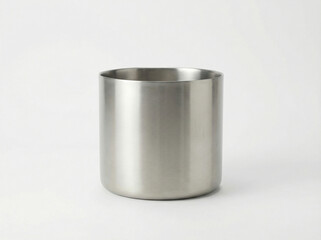Sleek modern metallic cylinder cachepot or planter with a brushed stainless steel texture isolated on a white background