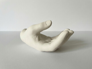 Minimalist decorative sculpture of an open hand in a cupping gesture with a smooth matte white finish on a white surface