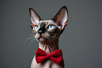 Elegant sphynx cat wearing a red bow tie