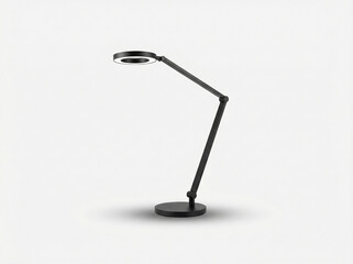 Modern adjustable desk lamp with a circular LED head and thin articulated arm in a matte black finish isolated on white