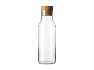 Minimalist transparent clear glass water bottle with natural cork stopper isolated on a clean white background
