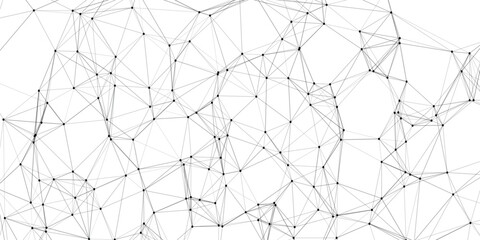 Intricate black and white network of connected nodes and lines forming a complex geometric structure on a clean white background, representing data and technology