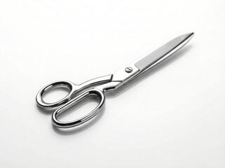 Shiny professional stainless steel scissors with polished handles isolated on a bright white reflective surface