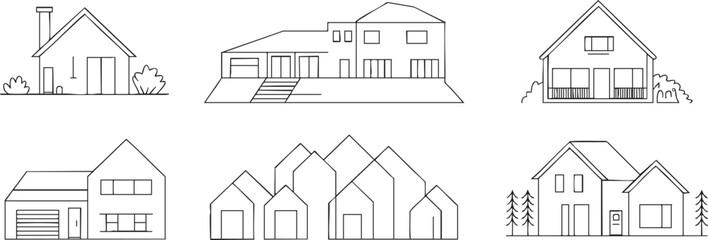 Simple line art illustrations of various modern and traditional residential houses with different architectural styles vector set