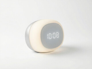 Minimalist rounded digital desk clock with illuminated display and silver finish, showing the time 10:08, isolated on white