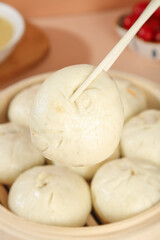 Handmade Pork Buns with Scallion in Bamboo Steamer - Traditional Asian Dim Sum Food Photo