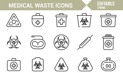 Toxic Waste Line Icons Showing Medical Bins, Hazard Labels, Contamination Symbols, and Lab Bottles