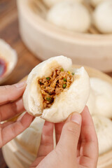 Handmade Steamed Pork and Scallion Buns - Traditional Asian Dumplings with Filling
