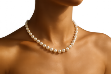 Elegant pearl necklace on mannequin isolated on a transparent background, close-up shot