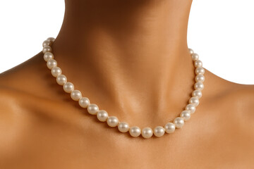 Elegant white pearl necklace worn on a mannequin's neck, isolated on transparent background