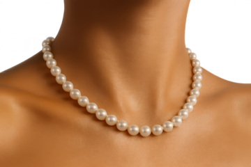 Elegant white pearl necklace worn on a mannequin's neck, isolated on transparent background