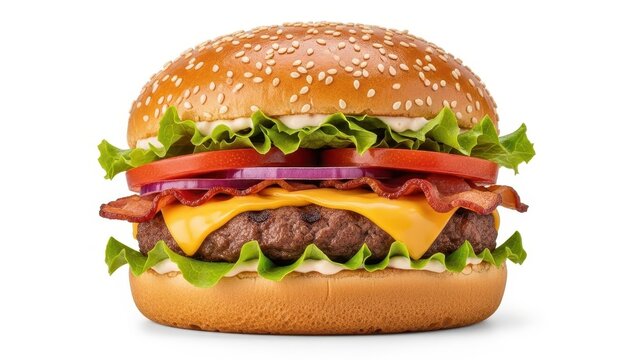 Gourmet bacon cheeseburger with lettuce and tomato, isolated on white - Powered by Adobe
