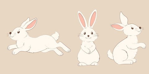 Cute Easter Bunnies in Different Poses – Vector Illustration