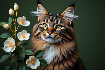 Majestic maine coon cat with delicate white flowers in soft lighting