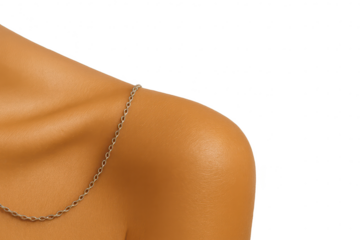Elegant bare female shoulder with delicate silver chain, isolated on transparent