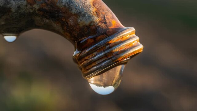 Rusty Old Faucet with Suspended Water Droplet Closeup.