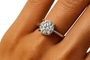 Stunning diamond engagement ring on a finger, isolated on transparent background