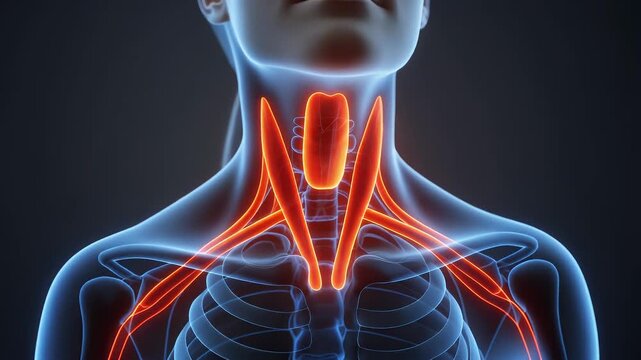 Detailed medical visualization revealing intricate female throat anatomy, illuminating muscular and skeletal elements with dynamic glowing highlights against deep background
