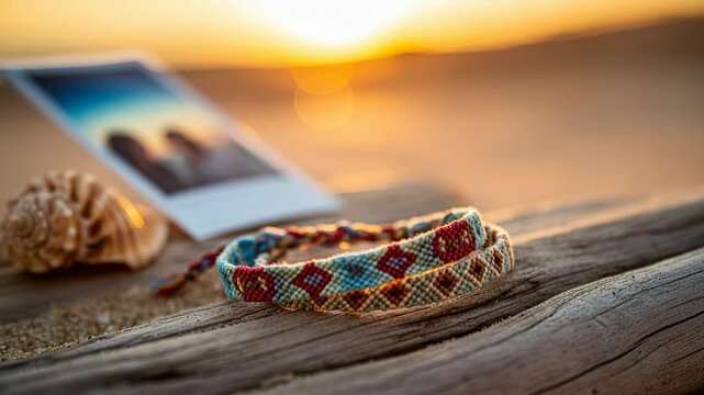 Woven bracelet rests on weathered driftwood with a seashell and an instant photograph nearby, warm golden sunset bokeh in the background and available space for text on the blurred sky area