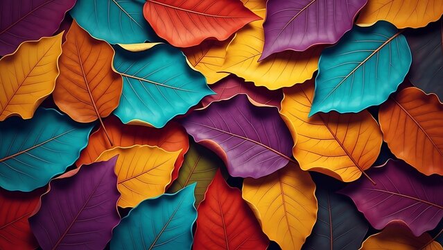 Vibrant autumn leaves in assorted colors like yellow, orange, red, teal, and purple, creating a rich, textured background pattern, isolated on white