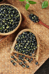 Fresh Black Beans with Green Sprouts in Bamboo Baskets - Traditional Asian Cooking Ingredient