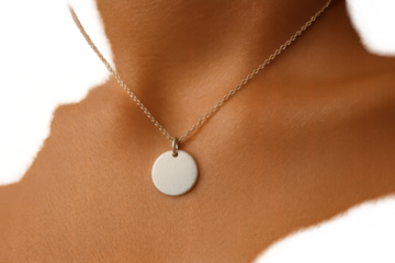 Silver necklace, round blank pendant, isolated on transparent background.
