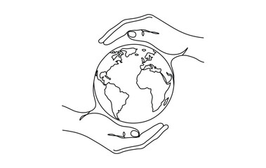 Continuous line drawing of hands protecting the earth globe, environmental concept