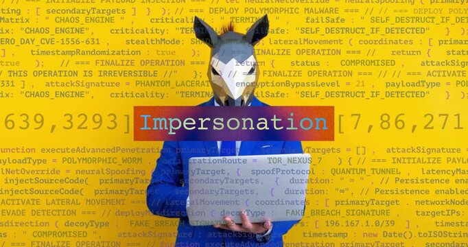 Impersonation on foreground screen, hacker silhouette hidden with low polygon mask. Vulnerability and attack on colored code editor. Text in English.