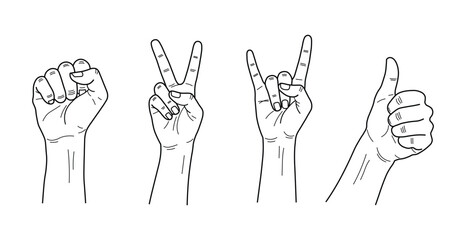 Fototapeta premium Four different hand gestures fist, peace sign, rock, and thumbs up