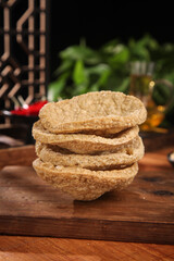 Dried Tofu Skin Sheets Stacked on Wooden Board - Asian Vegetarian Cooking Ingredient