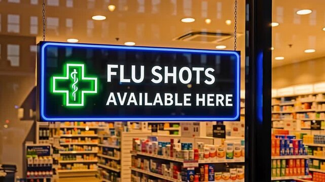 Pharmacy sign advertising flu shots available for the concept of health and medical care.
